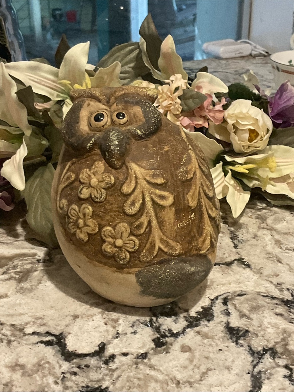 Handcrafted Brown Ceramic Owl Accent with Floral Relief